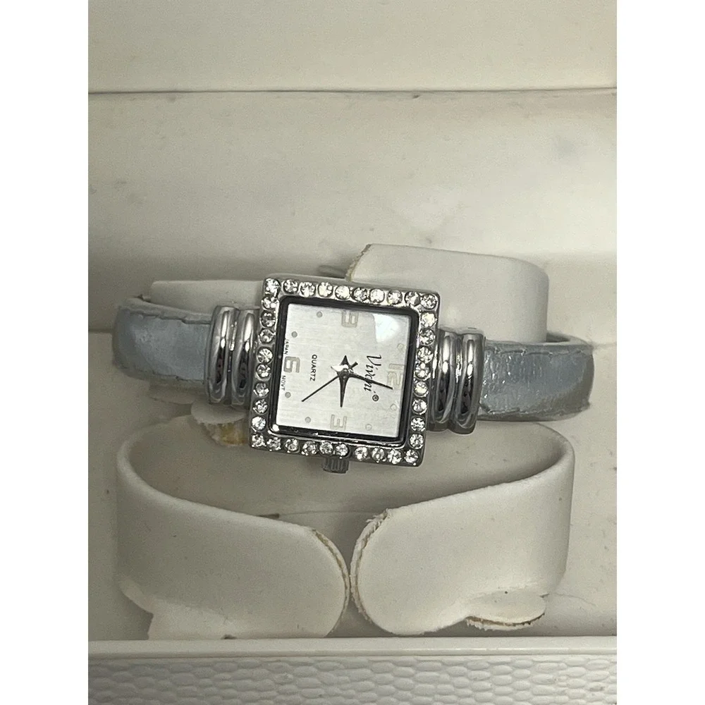 Vivani Women's Silver-Tone Rhinestone‎ Square Dial Quartz Bangle Cuff Watch New